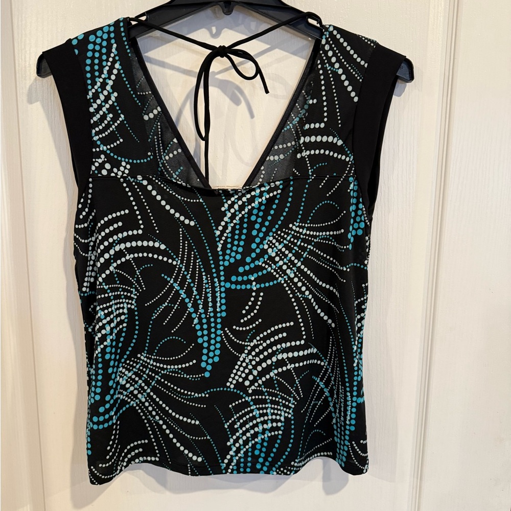 Zenobia Women’s vintage y2k black & blue dot sleeveless v-neck blouse size 2XL